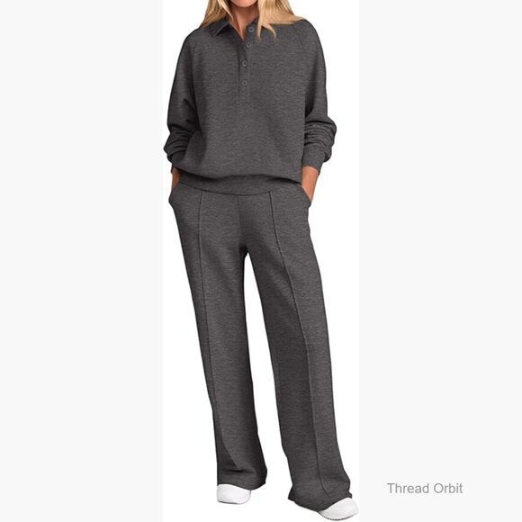 Women's 2-Piece Sweatsuit Set Long Sleeve Quarter Button Wide Leg Pants